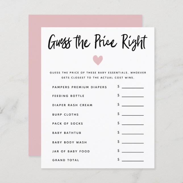 Rose Heart Girl Baby shower Devinez Le Prix Juste (Devant / Derrière)