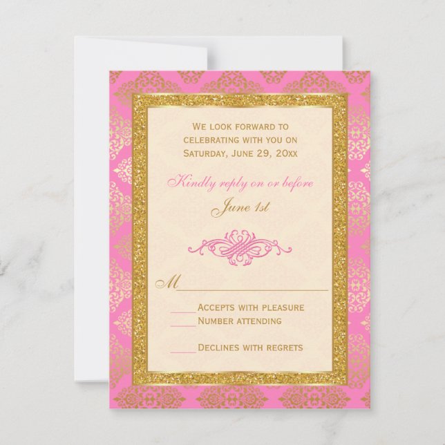 Rose, Ivoire, Paillettes Dorées, Carte de Réponse  (Devant)