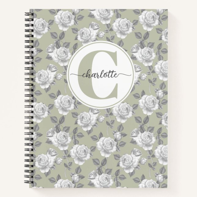 Rose Jardin Monogramme Sage Carnet vert (Devant)