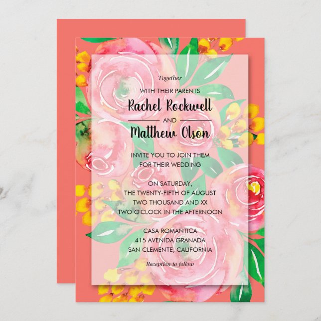 Rose, Jaune, Corail Vivant Mariage Floral Invite (Devant / Derrière)
