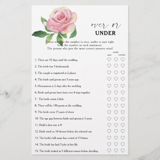 Rose - Jeu de baby shower mariage plus ou moins (Devant)