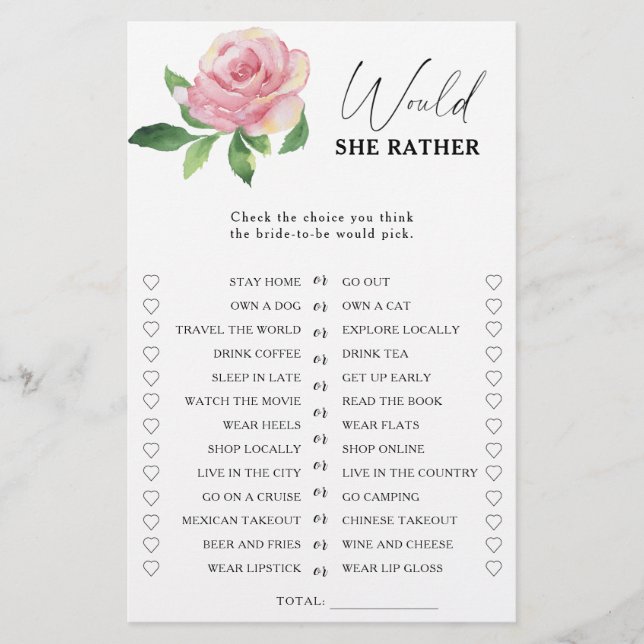 Rose - Jeu de baby shower pour la mariée (Devant)