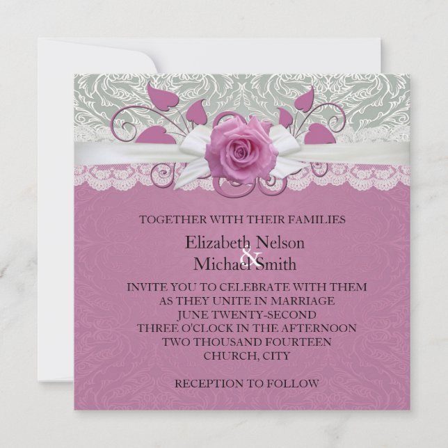 Rose Lace Argent/Pink Mariage damassé Invitation (Devant)