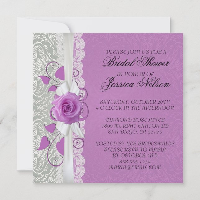 Rose Lace Argent/Violet Damask Douche Invitation (Devant)