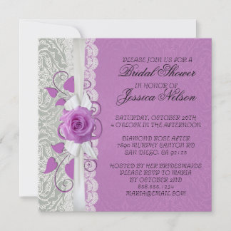 Rose Lace Argent/Violet Damask Douche Invitation