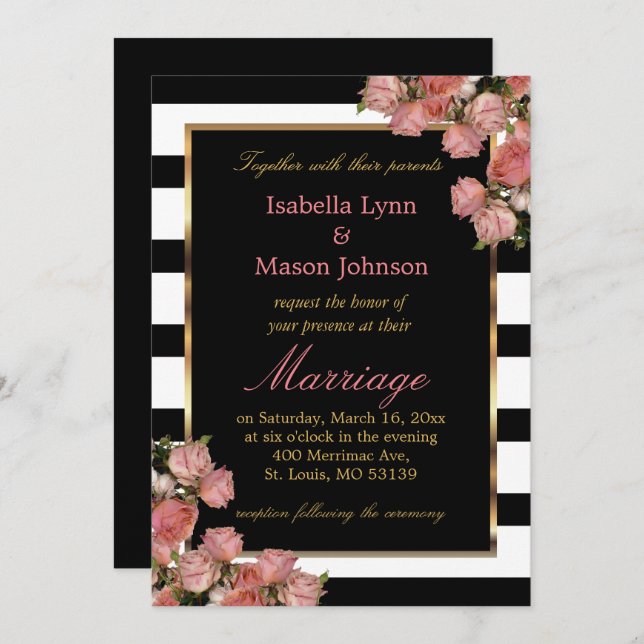 Rose Mariage or noir & blanc Stripe Invitation (Devant / Derrière)