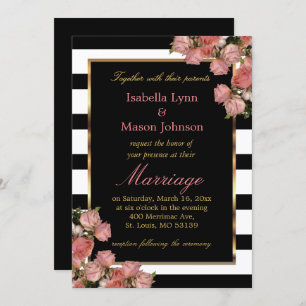 Rose Mariage or noir & blanc Stripe Invitation