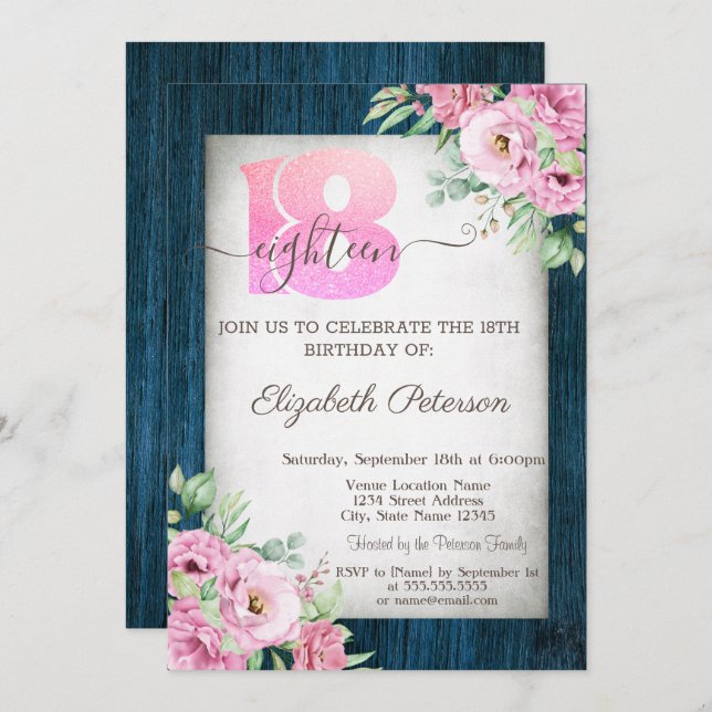 Rose Marine Bleu Bois 18e anniversaire Invitation (Devant / Derrière)