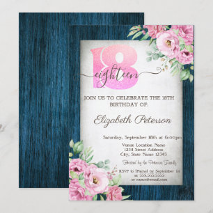 Rose Marine Bleu Bois 18e anniversaire Invitation