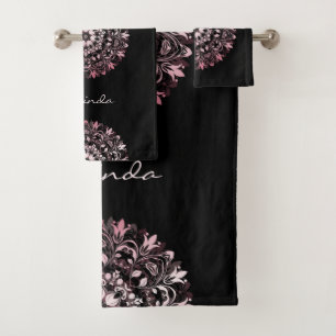 Rose métallisé Noir Mandala floral Monogramme