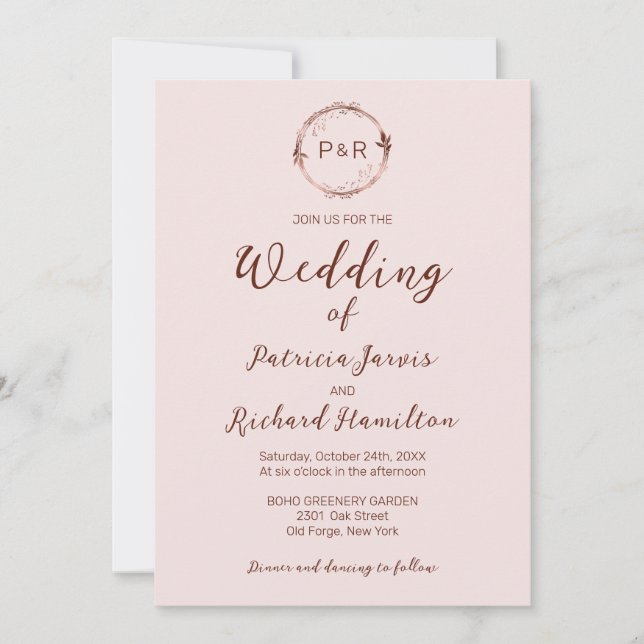 Rose Misty Monogramme Élégant Mariage Invitation (Devant)