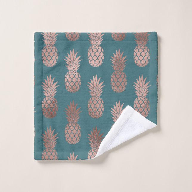 Rose moderne Gold Turquoise Motif d'ananas vert  (Gant de toilette)