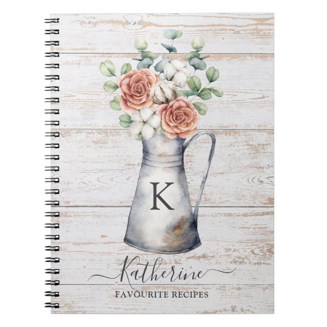 Rose Monogram Rustique Cahier de Recettes en Bois  (Devant)