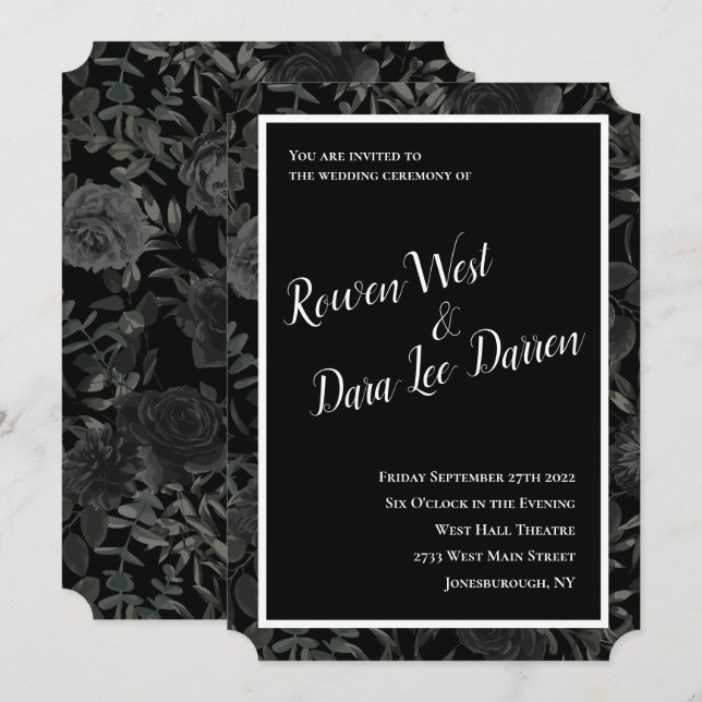 Rose noir blanc gothique invitation mariage (Devant / Derrière)