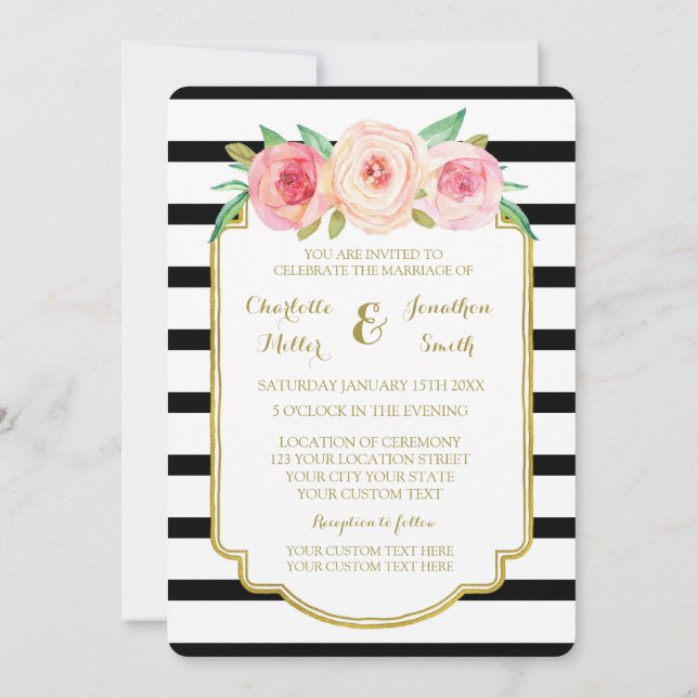 Rose Noir Blanc Grilles Or Mariage Invitations (Dos)