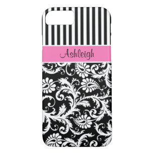 rose, noir, blanc rayé Damask iPhone 7 Coque