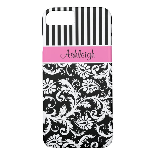 rose, noir, blanc rayé Damask iPhone 7 Coque (Dos)