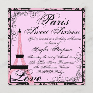Rose/Noir Paris Sweet16 Invitation d'anniversaire