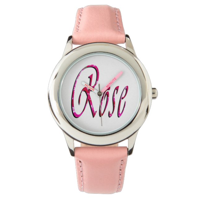 Rose, Nom, Logo, Filles Montre En Cuir Rose. (devant)