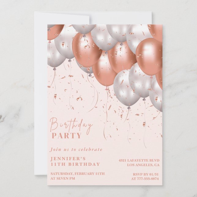 Rose or 11e anniversaire invitations Balloon Glam (Devant)