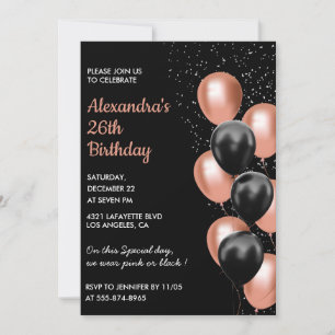 Rose or 26e anniversaire invitation Balloon Black