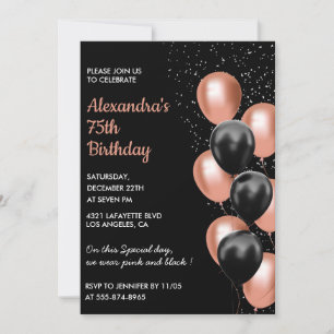 Rose or 75e anniversaire invitation Balloon Black
