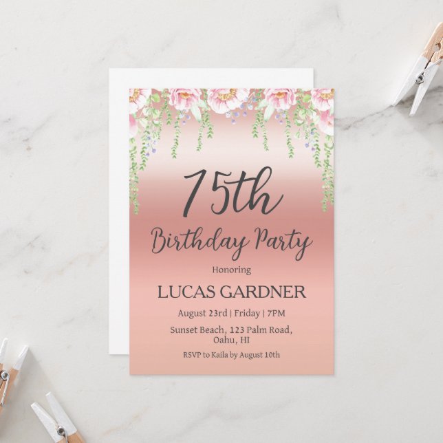Rose or 75e anniversaire invitations (Devant/Arrière en situation)