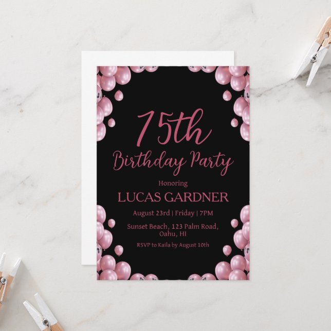 Rose or 75e anniversaire invitations (Devant/Arrière en situation)