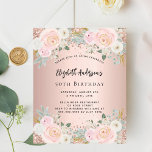 Rose or blanc fleurons budget anniversaire invitat<br><div class="desc">Une invitation moderne, élégante et glamour pour une fête d'anniversaire de 50ème (ou tout âge). Un arrière - plan d'or rose aux fleurs roses rousses, rose. Le nom est écrit avec un script de style moderne écrit à la main. Personnalisez et ajoutez les détails de votre fête. 1 feuille =...</div>