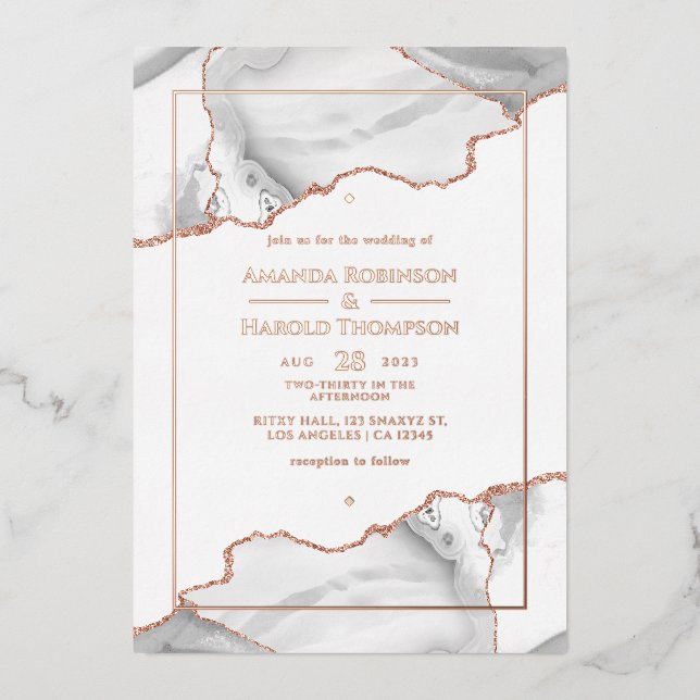 Rose Or et blanc Agate Mariage Foil Invitation (Recto)