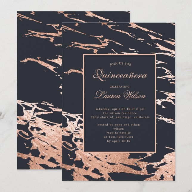 rose or faux feuille marbre Quinceanera Invitation (Devant / Derrière)