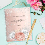 Rose or floral argent parties scintillant nom de f<br><div class="desc">Un arrière - plan rose en or faux métallique avec des fleurs roses dorées et blanches,  du feuillage argenté et de la poussière de parties scintillant. Personnalisez et ajoutez votre nom,  titre et année. Le nom est écrit avec un script de style moderne écrit à la main.</div>