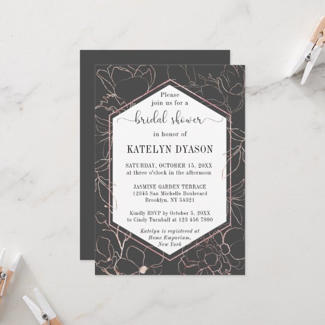 Rose or floral contours Bridal Shower Invitation (Devant/Arrière en situation)