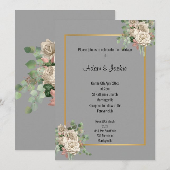 ROSE OR GRIS EUCALYPTUS FAIRE-PART DE MARIAGE BLAN (Devant / Derrière)