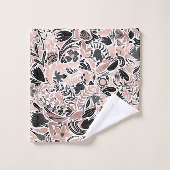 Rose or noir feuille florale Motif d'illustration (Gant de toilette)