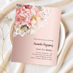Rose or rose fleurs rose dentelle invitation anniv<br><div class="desc">Une élégante invitation à l'anniversaire de 21e (ou tout âge) pour les femmes. Un fond dégradé d'or rose décoré de fleurs d'or rose et rose,  de roses et de dentelle. Personnalisez et ajoutez un nom et des détails du parti. 1 feuille = 1 invite imprimé bord à bord.</div>