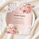 Rose or rose fleurs rose dentelle invitation anniv<br><div class="desc">Une invitation élégante et romantique du 21ème (ou tout âge). Un fond dégradé d'or rose décoré de fleurs d'or rose et rose,  de roses et de dentelle. Personnalisez et ajoutez un nom et des détails du parti. 1 feuille = 1 invite imprimé bord à bord.</div>