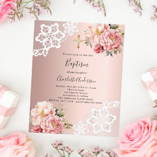 Rose or rose florale dentelle invitation baptême