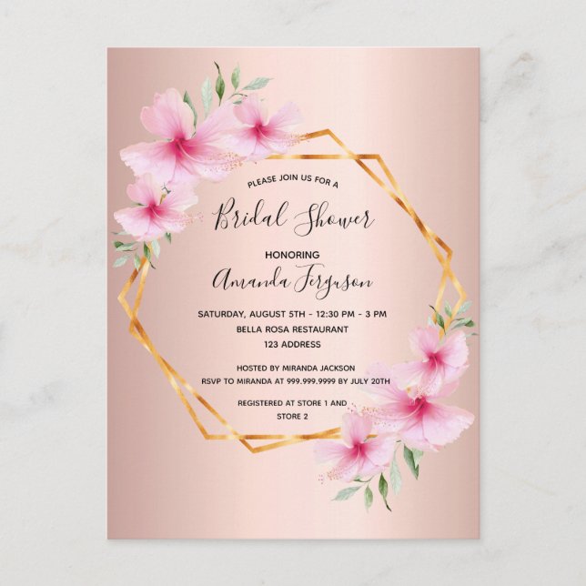 Rose or rose rose fleuri invitation douche nuptial (Devant)