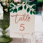 Rose or script vert feuille blanc numéro de table<br><div class="desc">Écriture en or rose feuille verte blanc mariage numéro de table avec élégante typographie en or faux rose avec aquarelle feuille verte feuillage sur béton blanc,  parfait pour le style industriel chic mariage</div>
