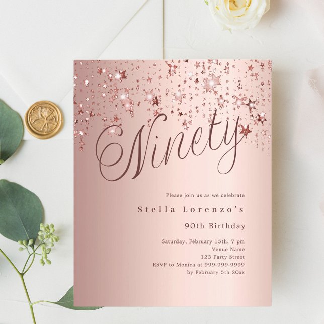 Rose or stars budget 90e anniversaire invitation (Créateur téléchargé)