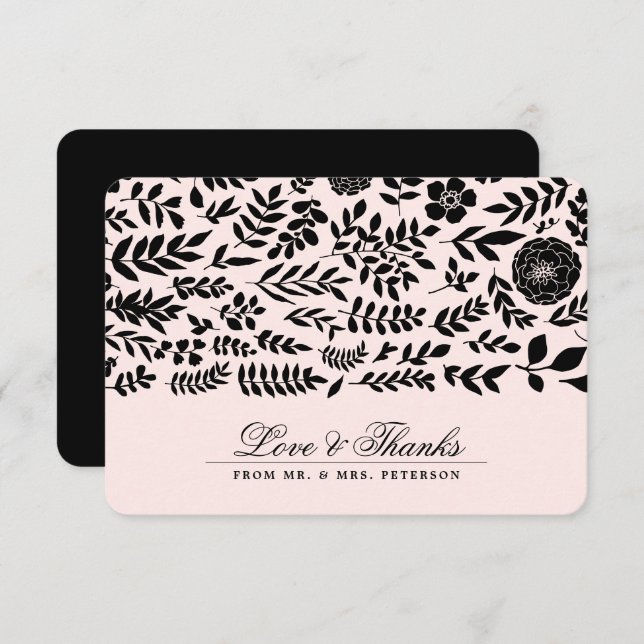 Rose pâle | Cartes de mariage en Merci floral noir (Devant / Derrière)