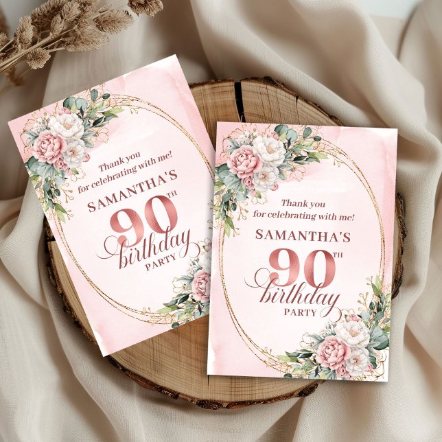 Rose Pâle Doré Vert 90e Anniversaire Merci (Soft Pale Pink Gold Greenery 90th Birthday Thank You)
