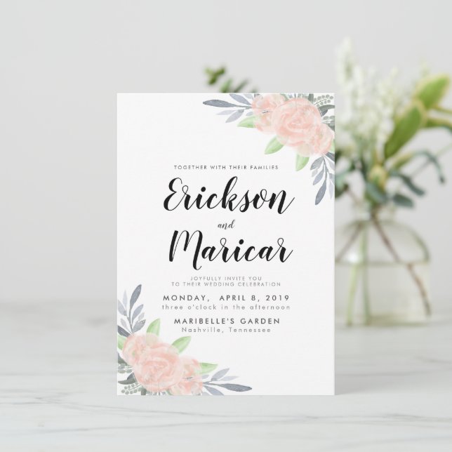 Rose Pâle & Floral Gris | Faire-Part de Mariage (Debout devant)
