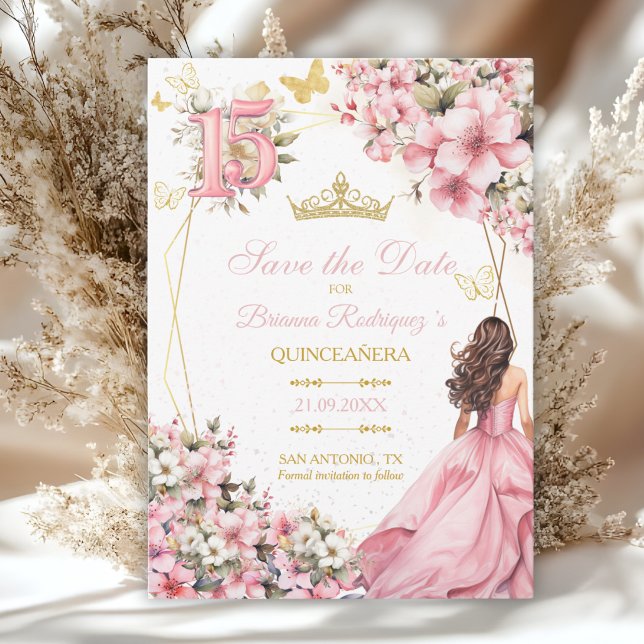 Rose Pâle Floral Papillons Dorés Quinceañera (Créateur téléchargé)