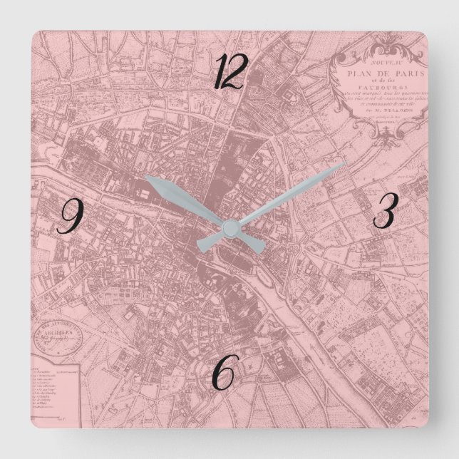 Rose Paris Carré Horloge murale (Recto)