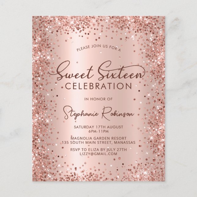 Rose Parties scintillant or douce 16 Invitation an (Devant)
