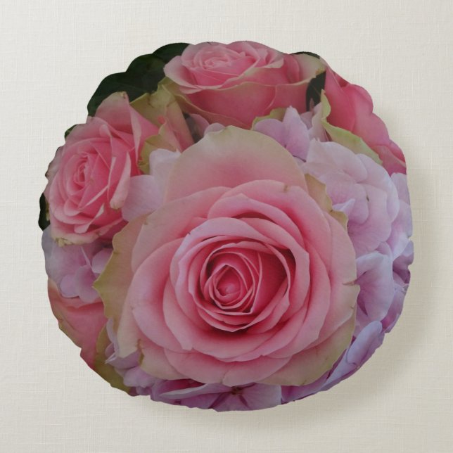 Rose Pastel et Hydrangea Fleurs Coussin rond (Devant)