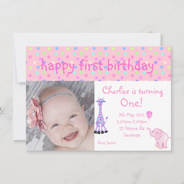 rose pastel spot zoo anniversaire invitation (Devant)