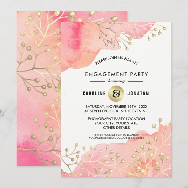 Rose | Peach Botanical Engagement Party Invitation (Devant / Derrière)